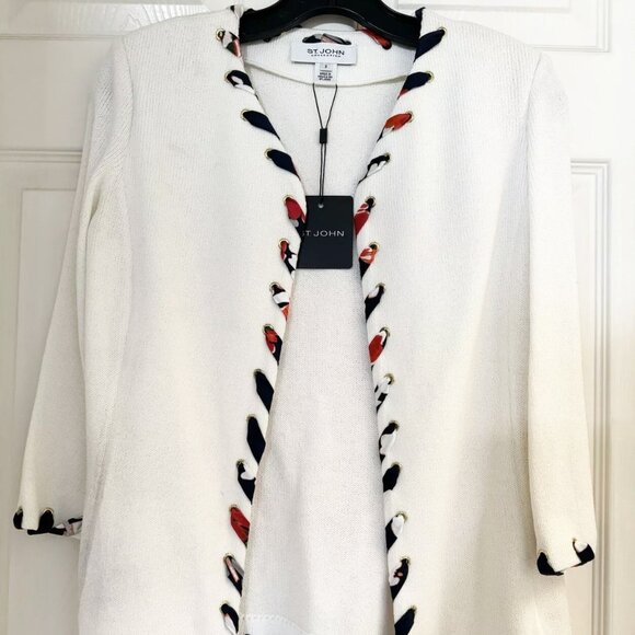 NWT $1395 St. John Santana Knit White Lace Trimmed Sweater Blazer Cardigan Sz 2 - Picture 1 of 7